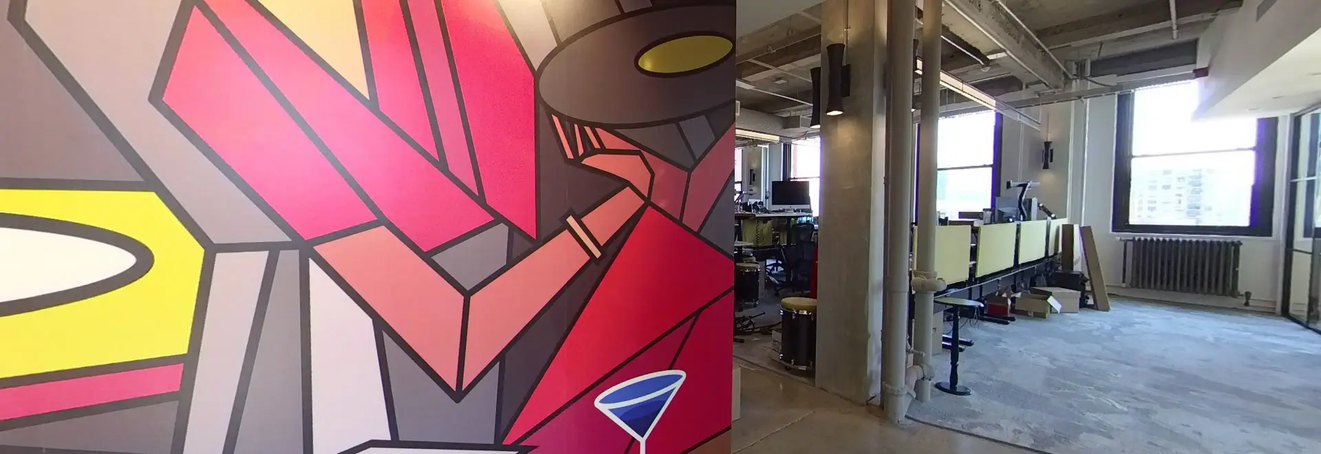 Office with a colorful mural, from a featured Orbix360 360° virtual tour