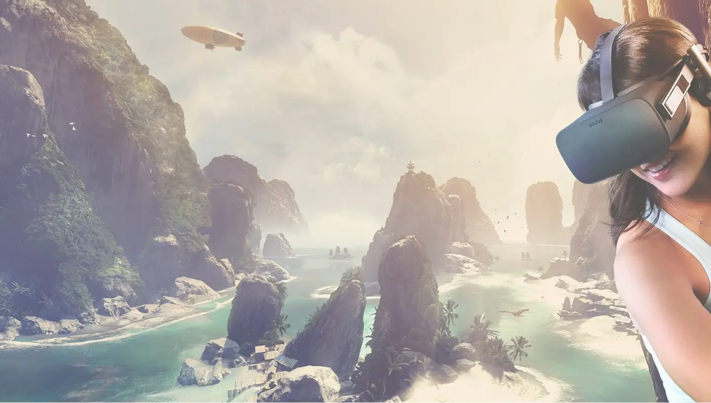 Person wearing a headset, immersed in a 360° landscape of sea cliffs